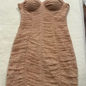 Strapless Ruched Polka Dot Midi Dress in Dusty Rose